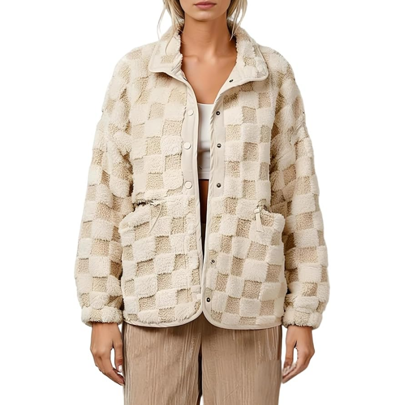 🚀 Neu eingetroffen – 50% Probierpreis! Plüschjacke mit Karomuster und Druckknöpfen für Damen