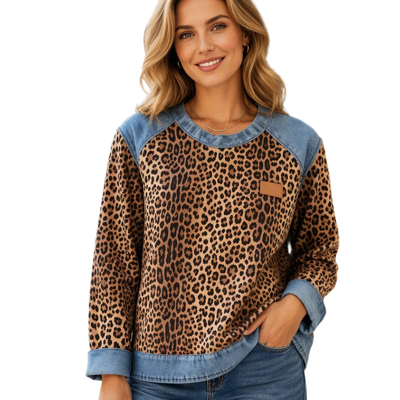 Legere Damen-Sweatshirt mit Rundhalsausschnitt und Leopardenmuster