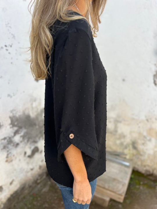 Lyutsiya - Camisa informal con cuello redondo y puños anchos bordados