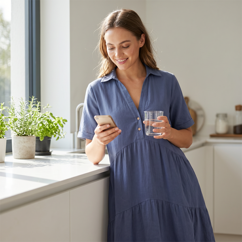 🌸 49 % RABATT JETZT! 🌸 Bequemes, einfarbiges Kleid mit Reversknopfleiste