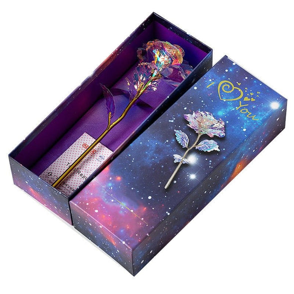 Gluschwein - Bunte Galaxy Rose mit Liebe Keine Lichter + Zertifikat + Box + Handtasche + Sockel