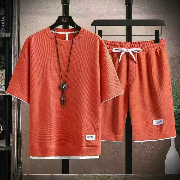 Waffle Fabric Short Sleeve T-Shirt 2-Piece Set