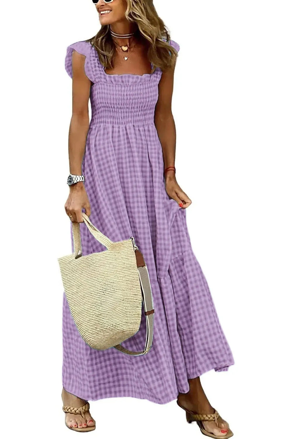 Gluschwein - 💎49% Rabatt🌸 Mehrfarbiges Maxikleid mit gesmokten Büsten und Karomuster🌷Die sanften Farben des Sommers werden Ihr Outfit verschönern