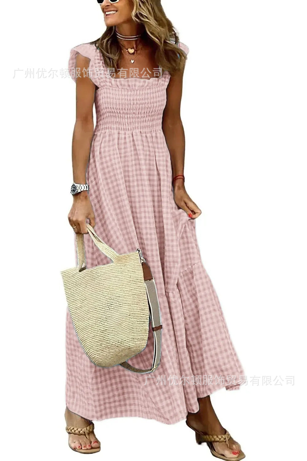 Gluschwein - 💎49% Rabatt🌸 Mehrfarbiges Maxikleid mit gesmokten Büsten und Karomuster🌷Die sanften Farben des Sommers werden Ihr Outfit verschönern