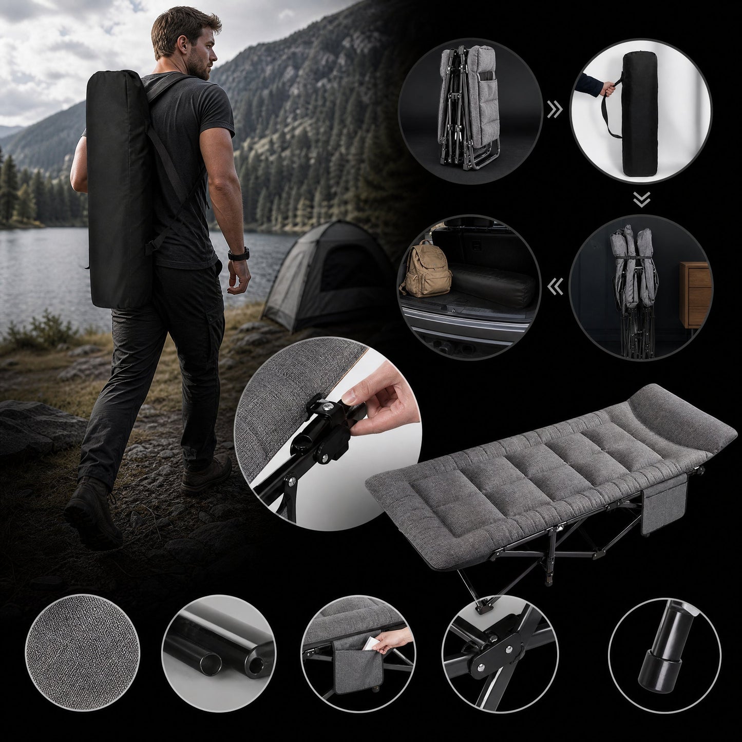 🪑 Tragbares Klappbett – stabiles Feldbett mit 10-Punkt-Stütze, bis 200 kg belastbar, faltbar & platzsparend, für Büro, Zuhause, Mittagspause, Studentenwohnung, Gästebett, Camping & Outdoor – Must-have zum Schulstart🏕️✨