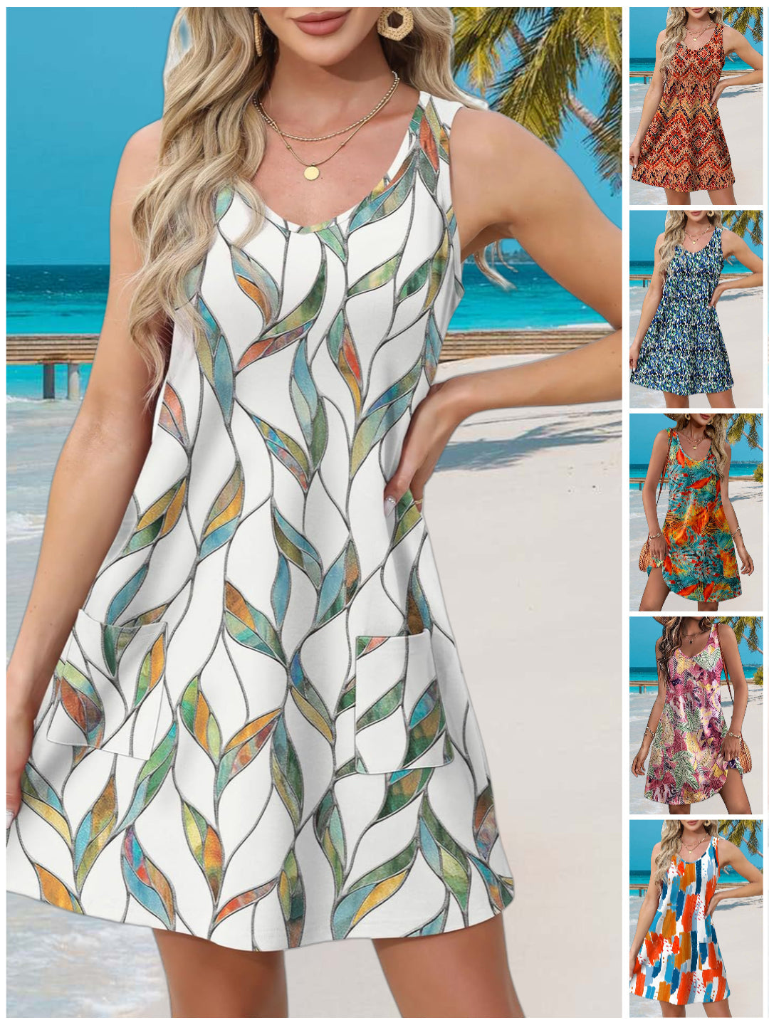 💖LETZTER TAG IM ANGEBOT: 49 % RABATT💖Sommerliches, bedrucktes, ärmelloses Strandkleid mit V-Ausschnitt