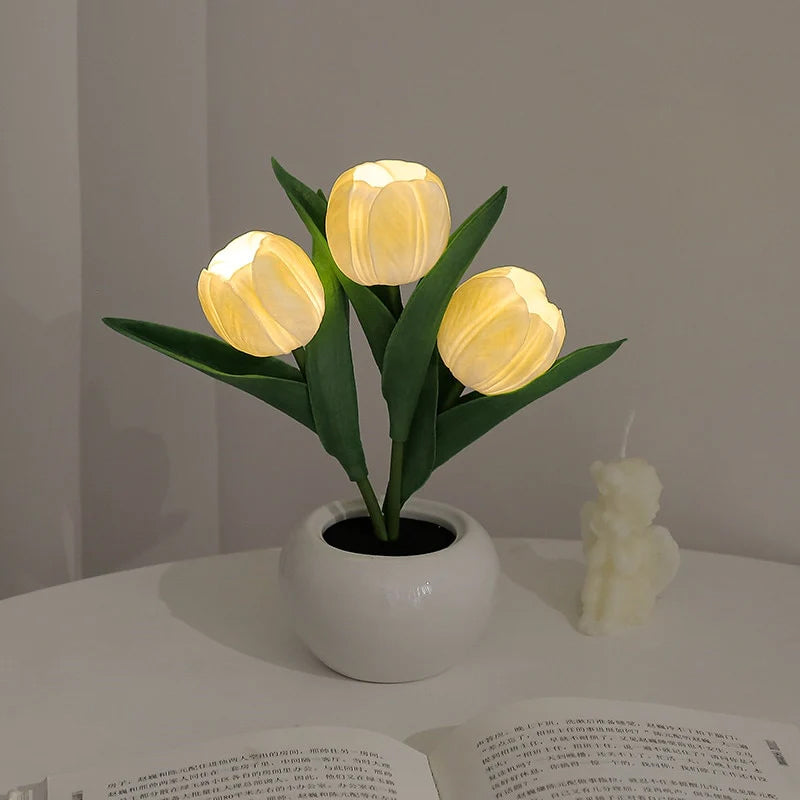 Gluschwein - LED-Tulpen-Nachtlicht-Blumen-Tischlampe 3 Blumen - zitronengelb