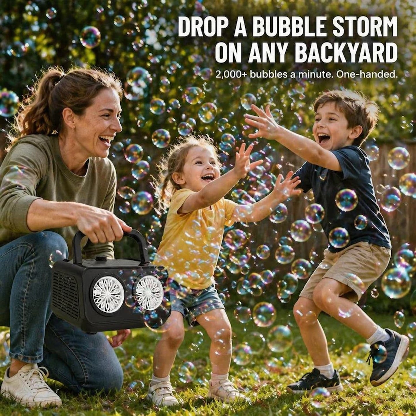 Bubble Blaster - Verzaubern Sie jede Gartenparty mit einem „Bubble Storm“ mit zwei Scheiben