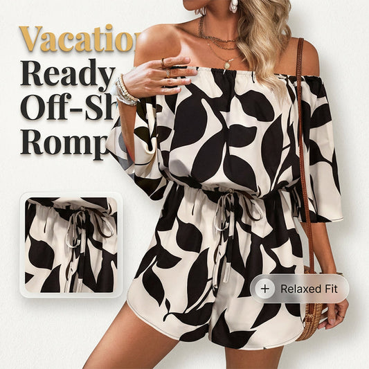 Gluschwein - 💃 Wochenangebot: 49% sparen! Französischer Off-Shoulder Shorts Jumpsuit – Abstraktes Blattmuster & Kordelzug – Perfekt für entspannte Sommertage