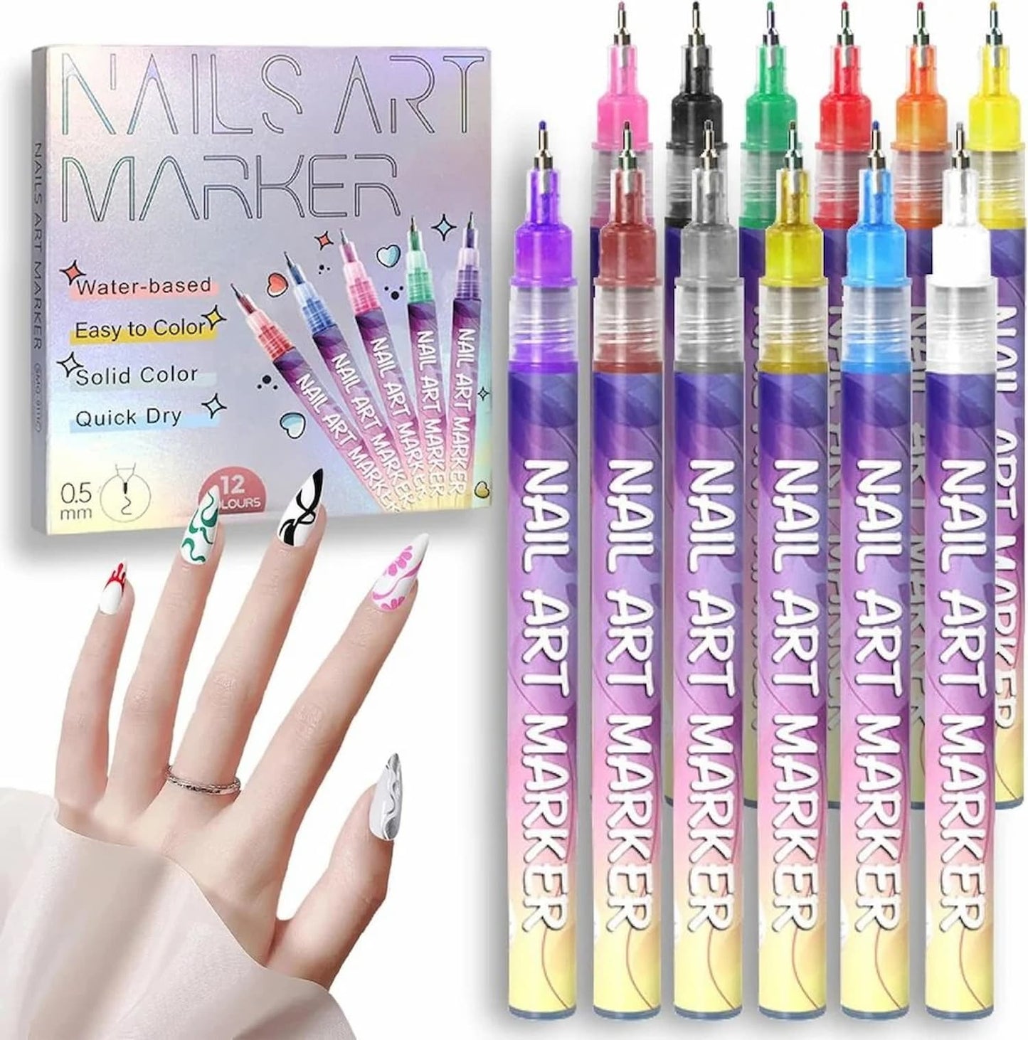 NailArt - 12 Farben Nagelkunst-Stifte — Acryl-Nageldesign-Set mit feiner Spitze