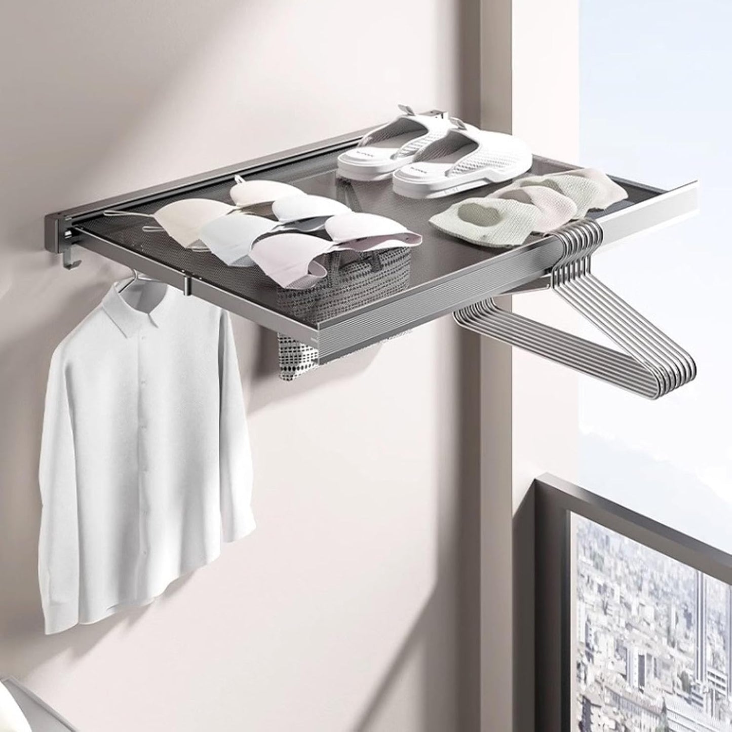 Husamana - Estante de pared plegable para ropa: ahorra espacio con doble espacio de secado