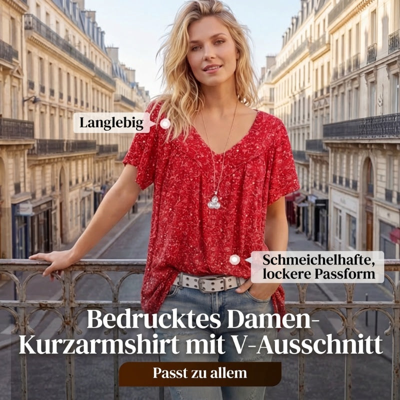 👚Damen Kurzarmbluse mit Frühlingsblumenprint: V-Ausschnitt & lockere Passform🎁