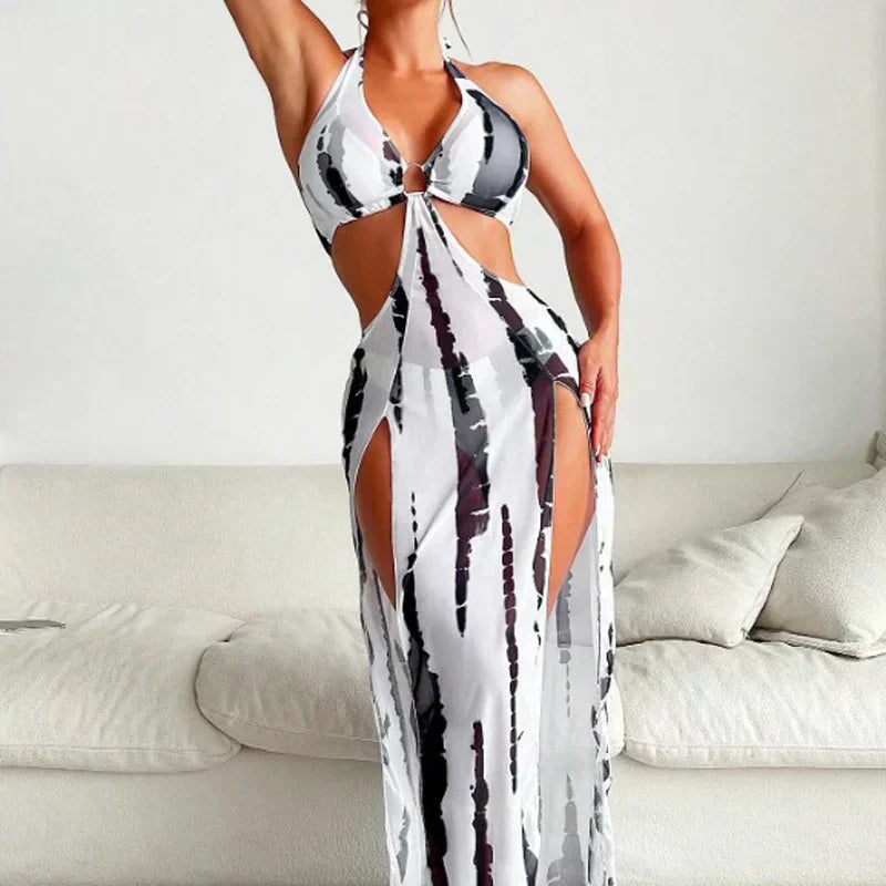 Gluschwein - ⏰ Nur noch heute limitierter 55% Rabatt! 👙 2-teiliges Bikini-Set mit transparentem Strand-Maxirock, Ring-Detail am Halsausschnitt, elastischer Stoff, trendiger Schwarz-Weiß Batik Print für Pool, Strand & Sommerurlaub ✨
