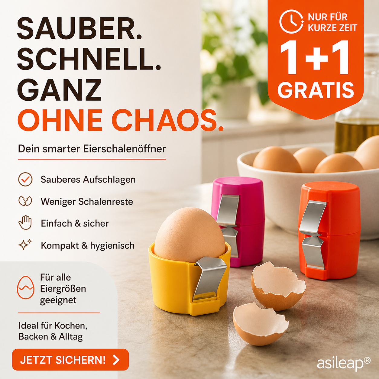 📢📢 JETZT 50 % RABATT!! ⏰ 2-in-1 Eierknacker & Eigelb-Separator – hygienisch, einfach in der Handhabung & vielseitig für rohe und gekochte Eier 🥚