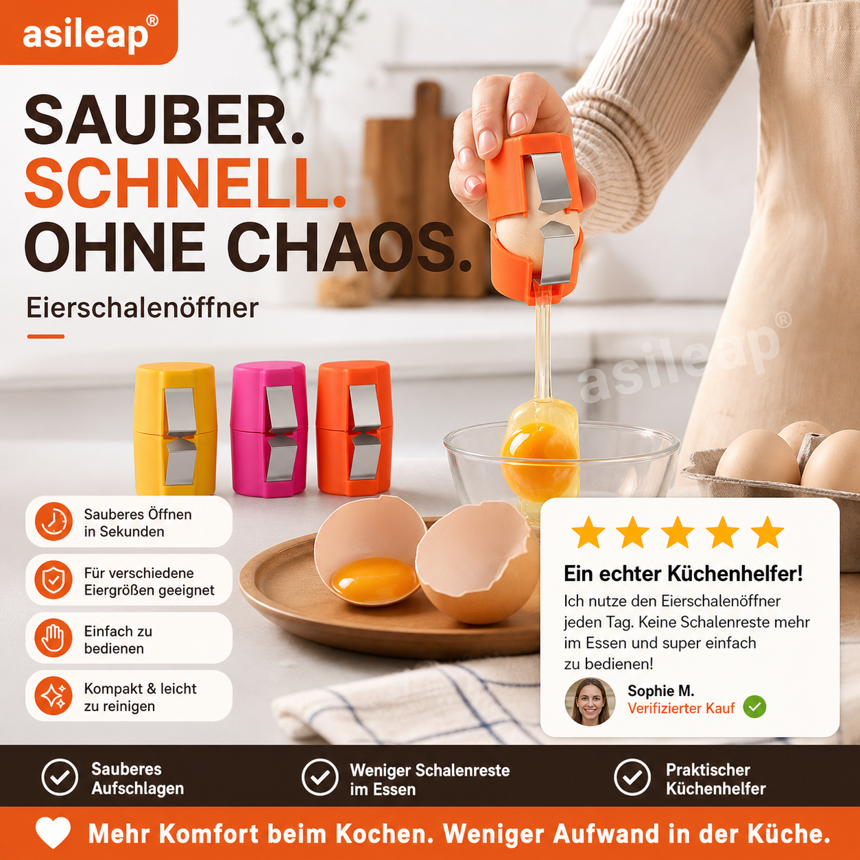 📢📢 JETZT 50 % RABATT!! ⏰ 2-in-1 Eierknacker & Eigelb-Separator – hygienisch, einfach in der Handhabung & vielseitig für rohe und gekochte Eier 🥚