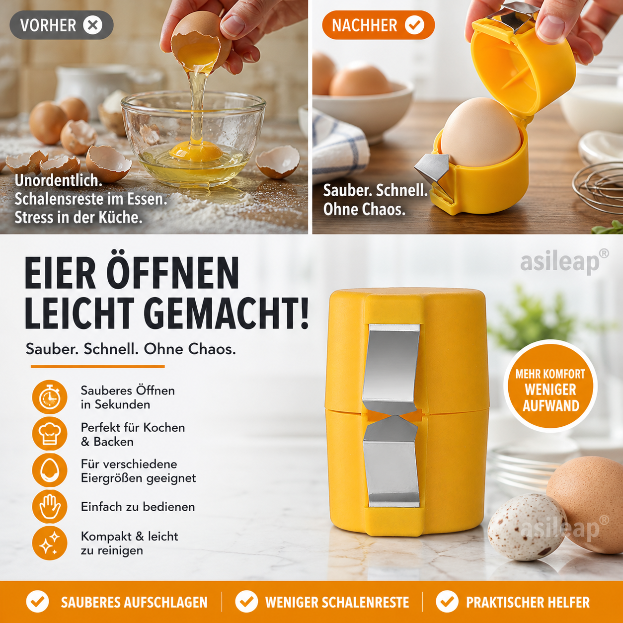 📢📢 JETZT 50 % RABATT!! ⏰ 2-in-1 Eierknacker & Eigelb-Separator – hygienisch, einfach in der Handhabung & vielseitig für rohe und gekochte Eier 🥚