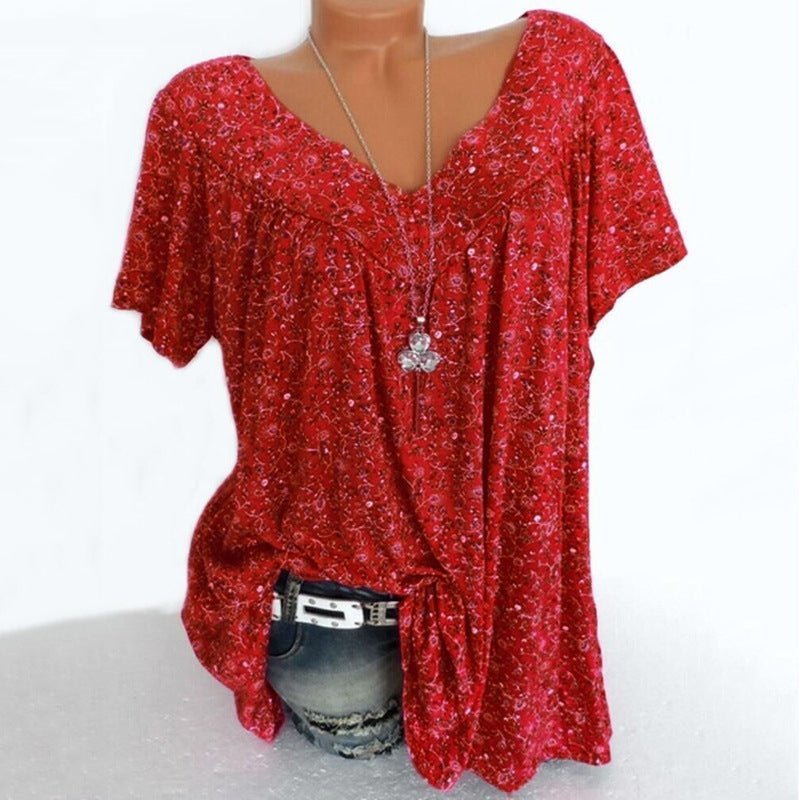 👚Damen Kurzarmbluse mit Frühlingsblumenprint: V-Ausschnitt & lockere Passform🎁