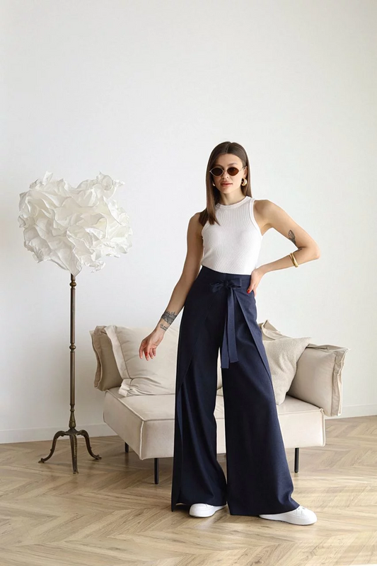 Heidemarie – Pantalón de lino de corte ancho con efecto cruzado