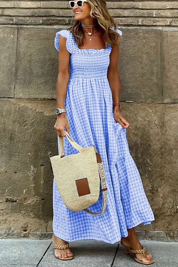 Gluschwein - 💎49% Rabatt🌸 Mehrfarbiges Maxikleid mit gesmokten Büsten und Karomuster🌷Die sanften Farben des Sommers werden Ihr Outfit verschönern