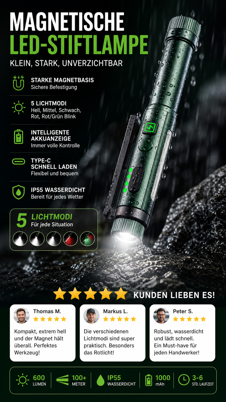 Multifunktionale, stiftförmige Arbeitsleuchte mit starkem Magnetfeld