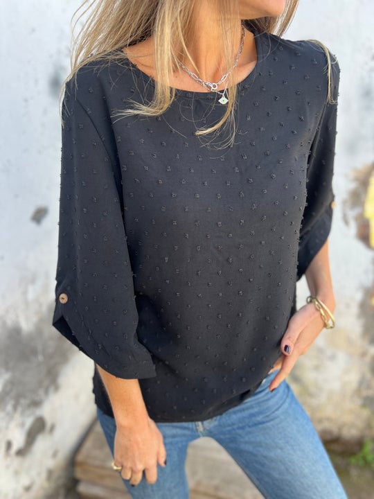 Lyutsiya - Camisa informal con cuello redondo y puños anchos bordados