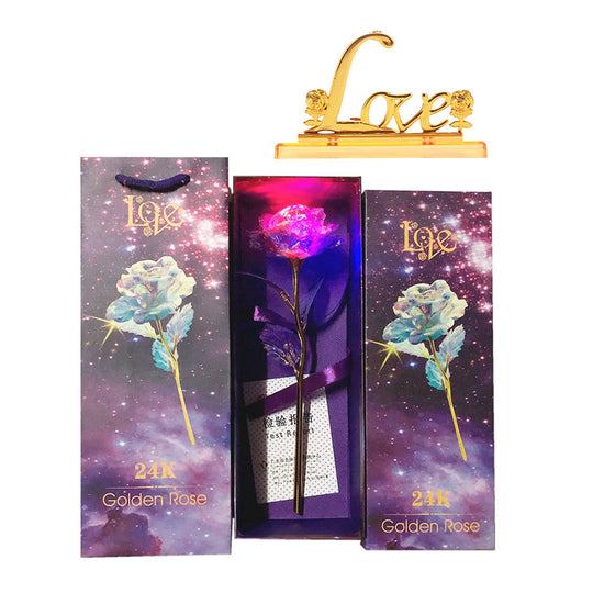 Gluschwein - Bunte Galaxy Rose mit Liebe Vibrierendes Licht + Zertifikat + Box + Handtasche + Sockel