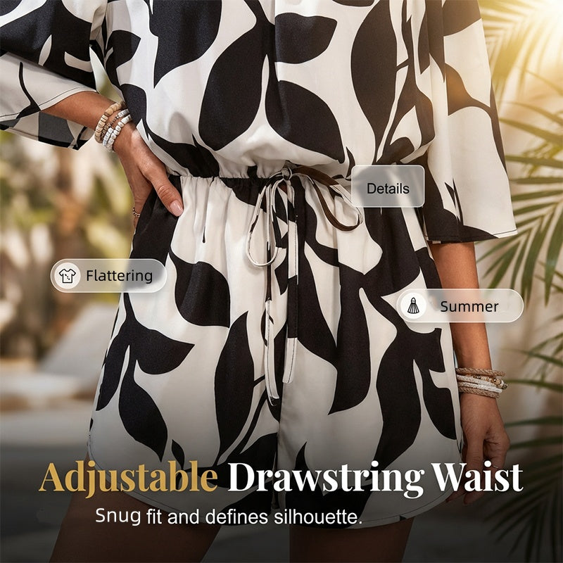 Gluschwein - 💃 Wochenangebot: 49% sparen! Französischer Off-Shoulder Shorts Jumpsuit – Abstraktes Blattmuster & Kordelzug – Perfekt für entspannte Sommertage