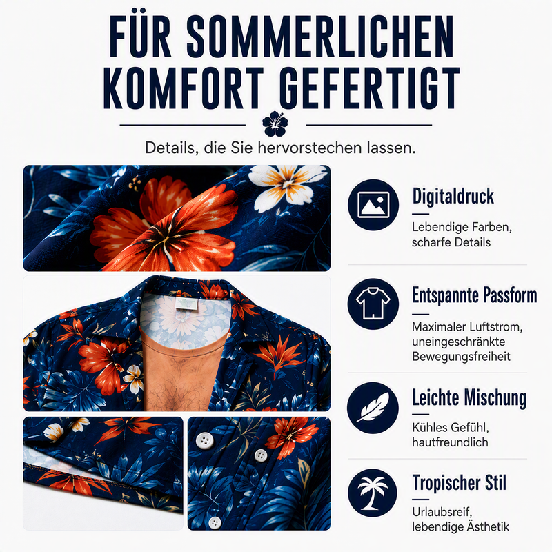 Herren Hawaii-Hemd Tropischer Blumendruck Kurzarm Lässiges Strand-Knopfhemd