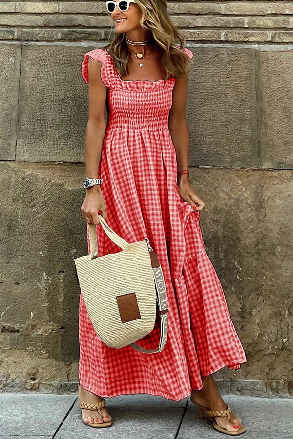 Gluschwein - 💎49% Rabatt🌸 Mehrfarbiges Maxikleid mit gesmokten Büsten und Karomuster🌷Die sanften Farben des Sommers werden Ihr Outfit verschönern