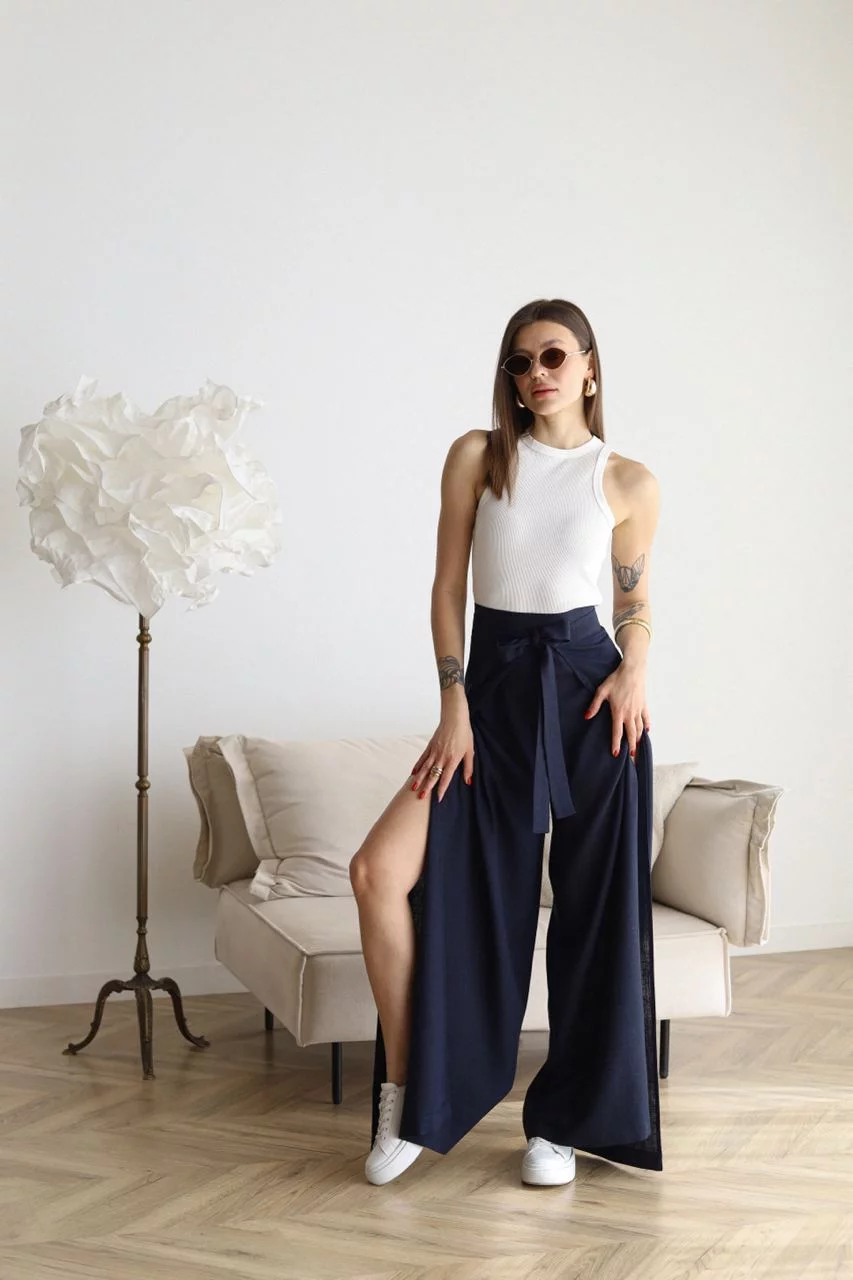 Heidemarie – Pantalón de lino de corte ancho con efecto cruzado