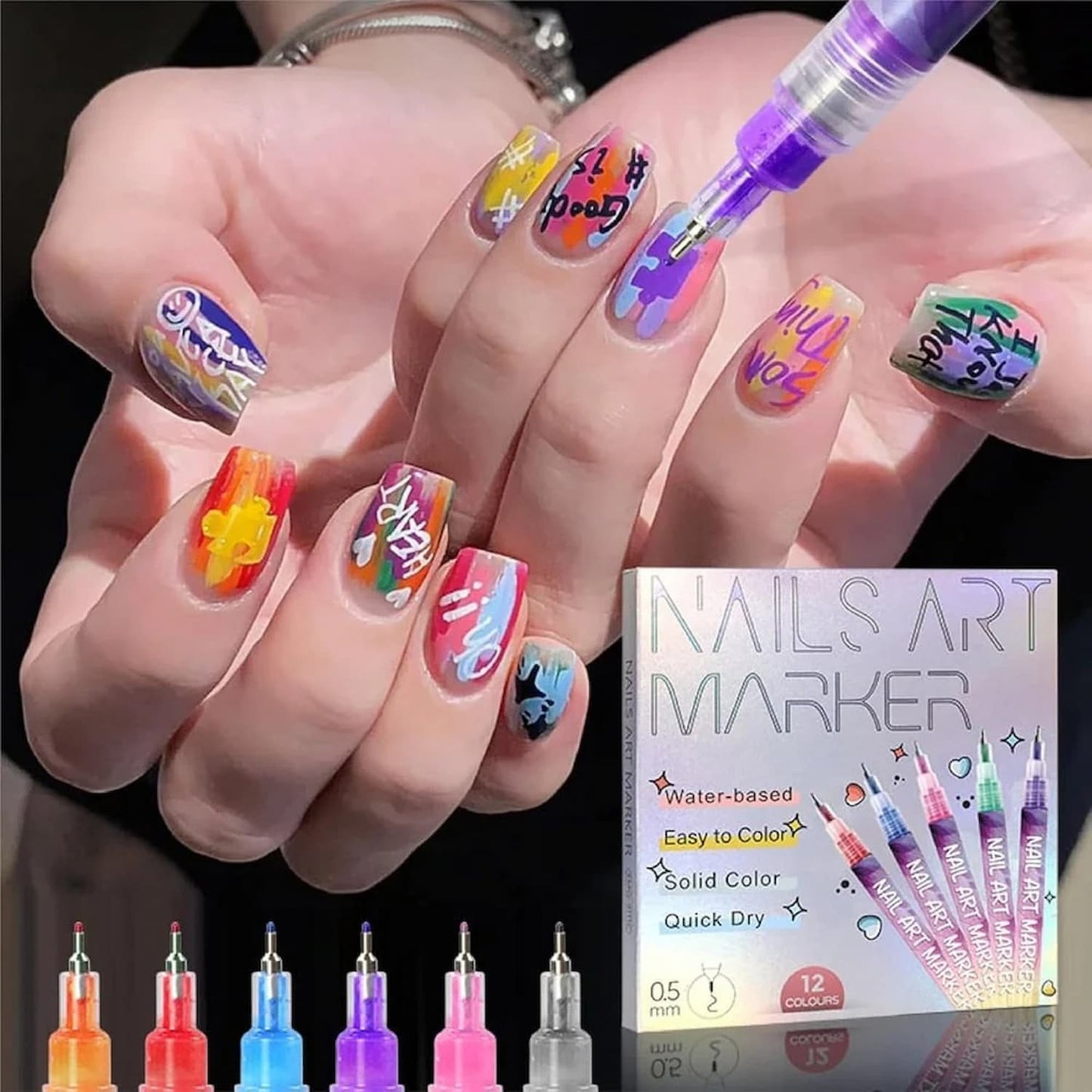 NailArt - 12 Farben Nagelkunst-Stifte — Acryl-Nageldesign-Set mit feiner Spitze