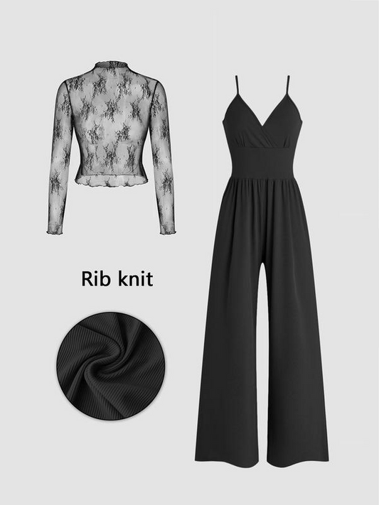 🌞Frühlingserwachen: 49% Rabatt!✨Glamouröser Zweiteiler im Lagen-Look: Weiter V-Ausschnitt Overall & transparentes Spitzen-Shirt