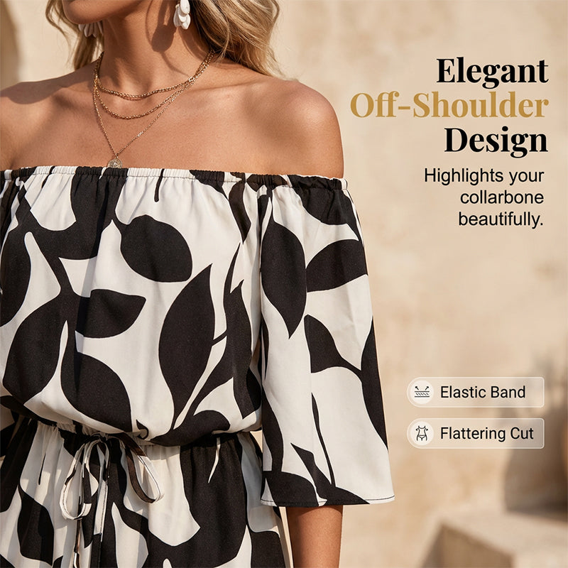 Gluschwein - 💃 Wochenangebot: 49% sparen! Französischer Off-Shoulder Shorts Jumpsuit – Abstraktes Blattmuster & Kordelzug – Perfekt für entspannte Sommertage