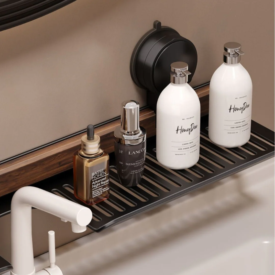 WallRack - Wandregal mit Walnuss-Design und starker Saughalterung – Bohrfreie Aufbewahrung für Bad & Küche