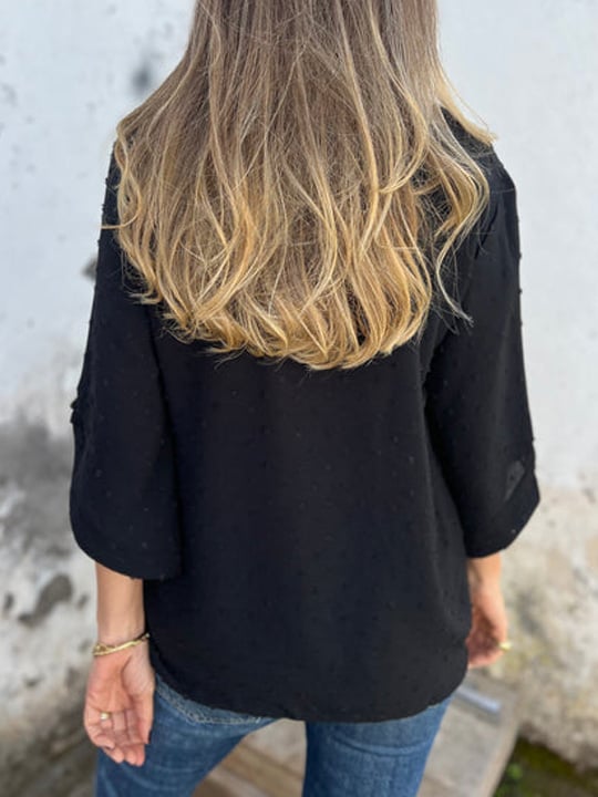Lyutsiya - Camisa informal con cuello redondo y puños anchos bordados