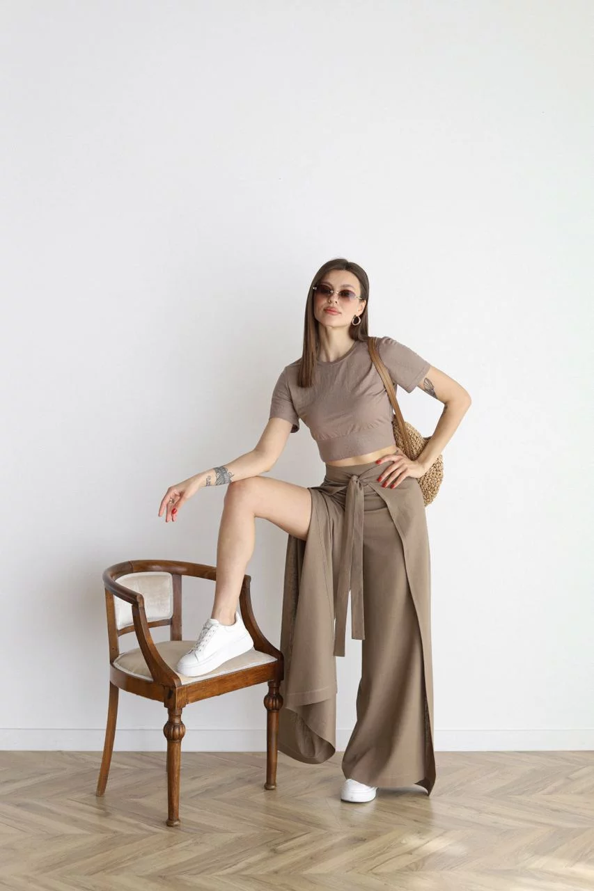 Heidemarie – Pantalón de lino de corte ancho con efecto cruzado