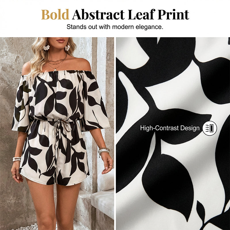 Gluschwein - 💃 Wochenangebot: 49% sparen! Französischer Off-Shoulder Shorts Jumpsuit – Abstraktes Blattmuster & Kordelzug – Perfekt für entspannte Sommertage