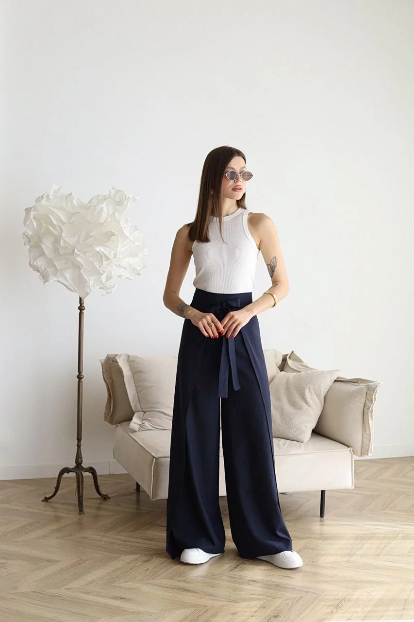 Heidemarie – Pantalón de lino de corte ancho con efecto cruzado