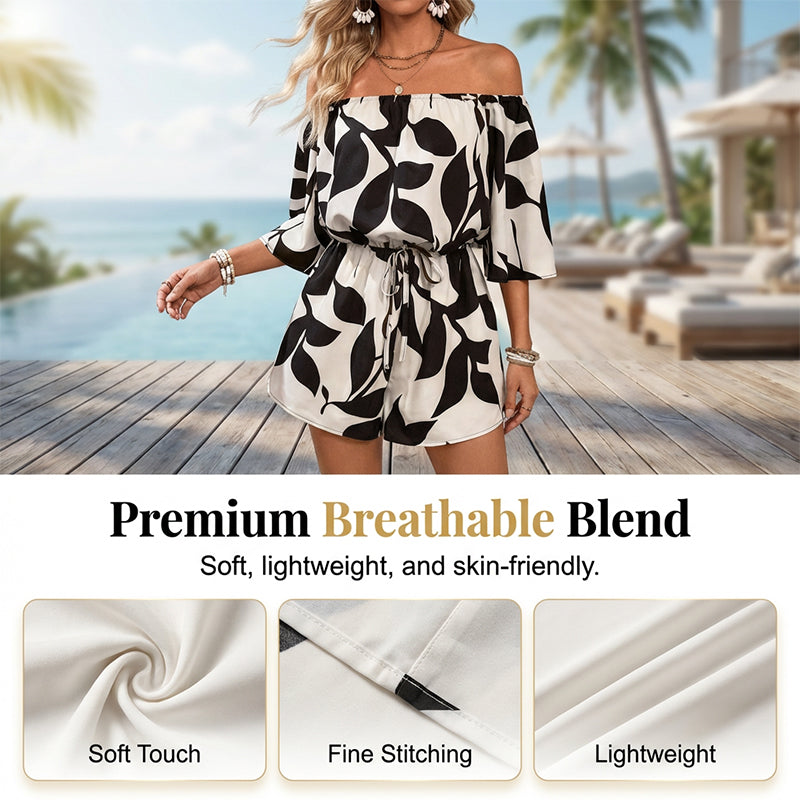 Gluschwein - 💃 Wochenangebot: 49% sparen! Französischer Off-Shoulder Shorts Jumpsuit – Abstraktes Blattmuster & Kordelzug – Perfekt für entspannte Sommertage