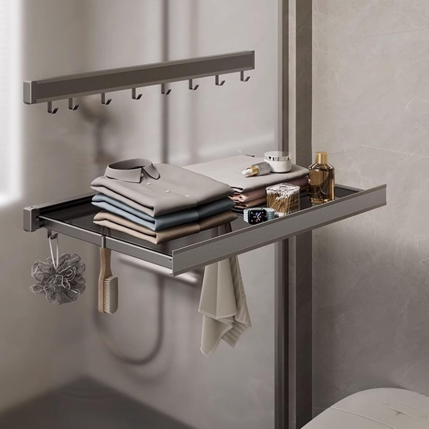 Husamana - Estante de pared plegable para ropa: ahorra espacio con doble espacio de secado