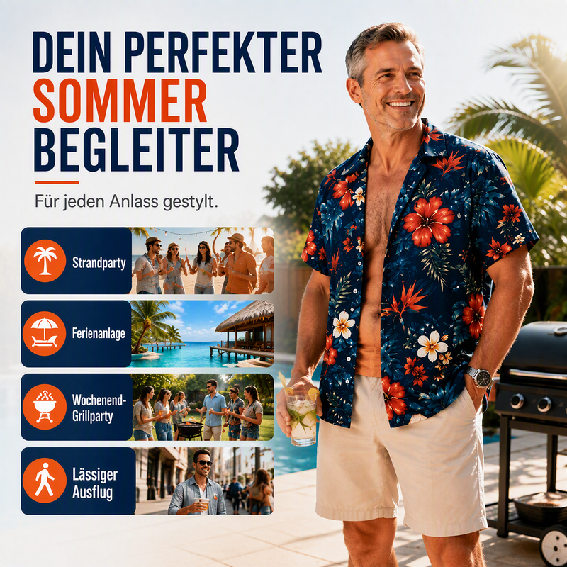 Herren Hawaii-Hemd Tropischer Blumendruck Kurzarm Lässiges Strand-Knopfhemd