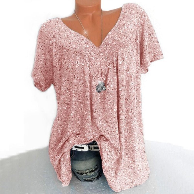 👚Damen Kurzarmbluse mit Frühlingsblumenprint: V-Ausschnitt & lockere Passform🎁