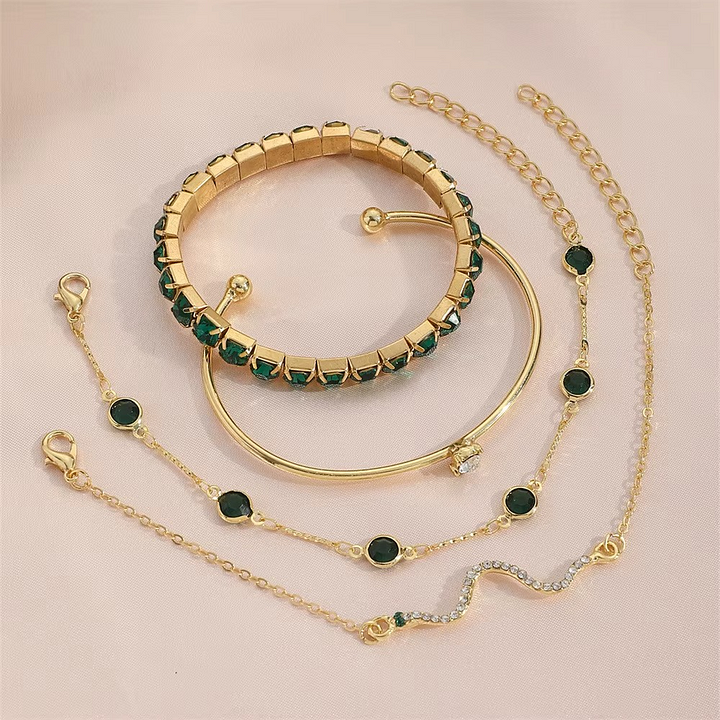 Miray – Pulsera de cristal esmeralda y oro (4 piezas)