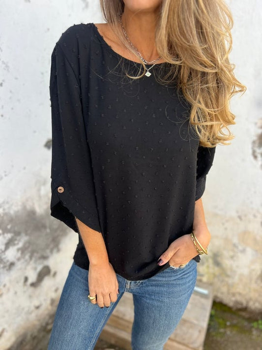 Lyutsiya - Camisa informal con cuello redondo y puños anchos bordados