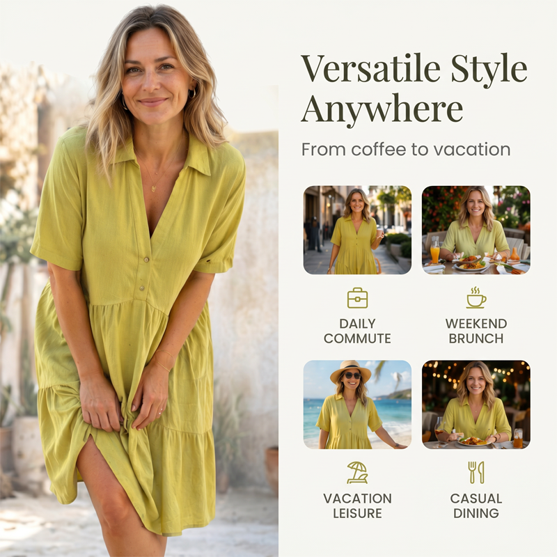 🌸 49 % RABATT JETZT! 🌸 Bequemes, einfarbiges Kleid mit Reversknopfleiste