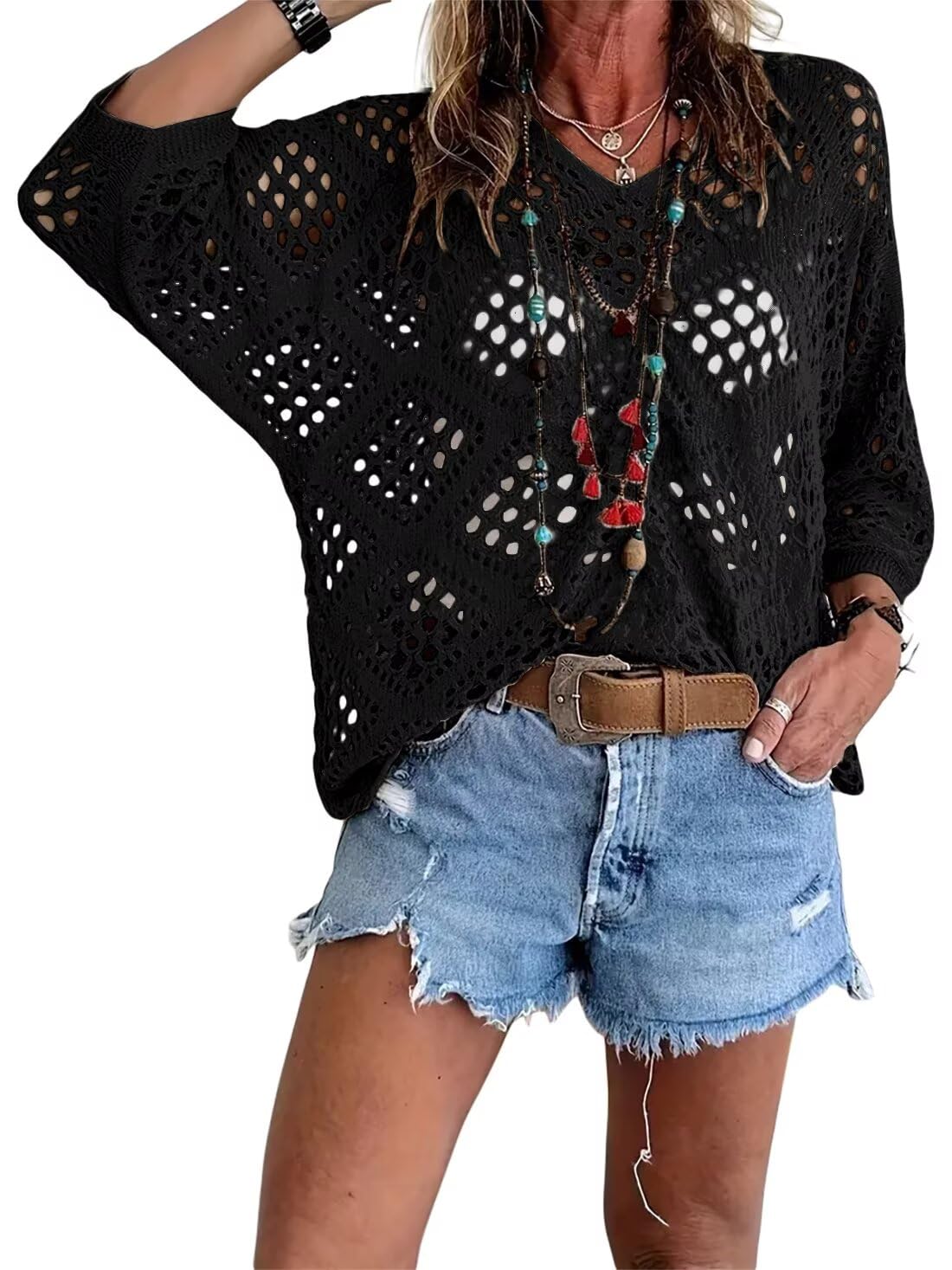 🥰💛 Beiges Häkeloberteil für Damen – Boho V-Ausschnitt, luftig & feminin ✨🤍 50 % Rabatt – ideal für Strand & Sommerlook