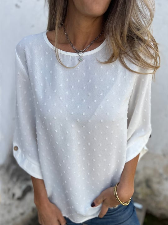 Lyutsiya - Camisa informal con cuello redondo y puños anchos bordados
