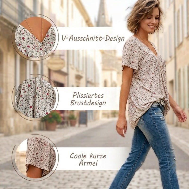 👚Damen Kurzarmbluse mit Frühlingsblumenprint: V-Ausschnitt & lockere Passform🎁