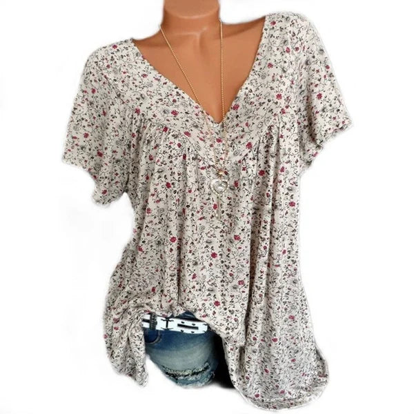👚Damen Kurzarmbluse mit Frühlingsblumenprint: V-Ausschnitt & lockere Passform🎁