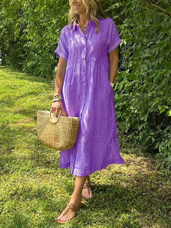 🎁Neu eingetroffen 49% reduziert💥Gestreiftes Hemdblusenkleid mit Reverskragen und Knopfleiste | Mit praktischen Taschen